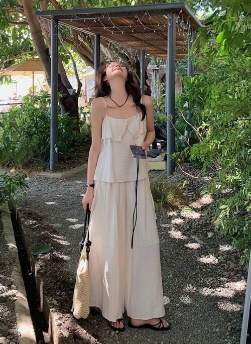 Relaxed Fit Cream Camisole And Wide Leg Pants Set