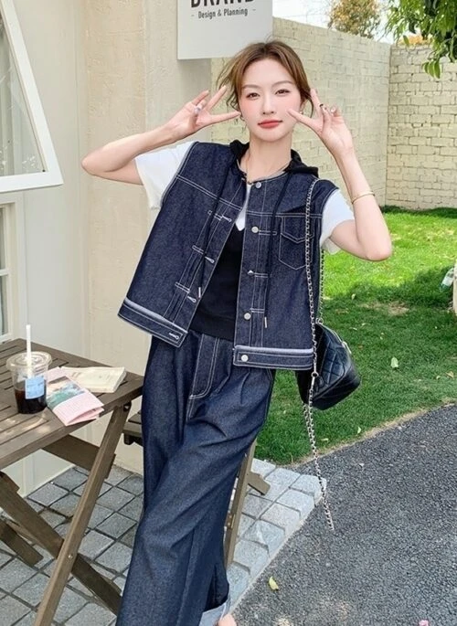 Retro Denim Vest And Wide Leg Pants Set