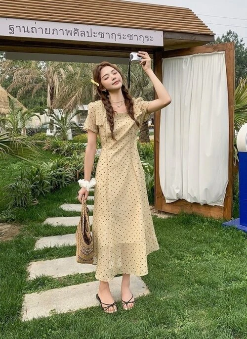 Retro Polka Dot Lace Up Vacation Maxi Dress