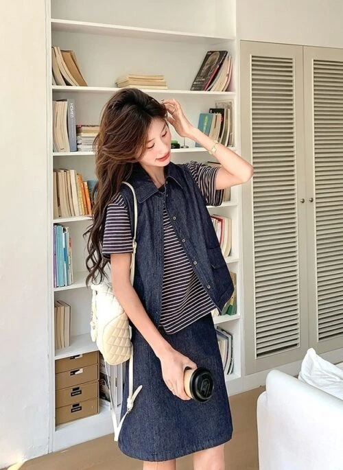 Retro Striped T Shirt Denim Vest Skirt Set