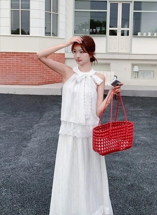 Romantic Lace Trim Halter Top And Skirt Set