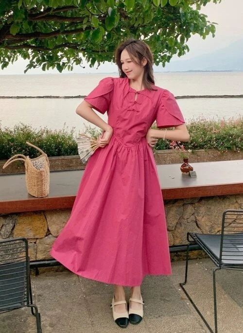 Rose Pink Elegant High Waist Midi Dress