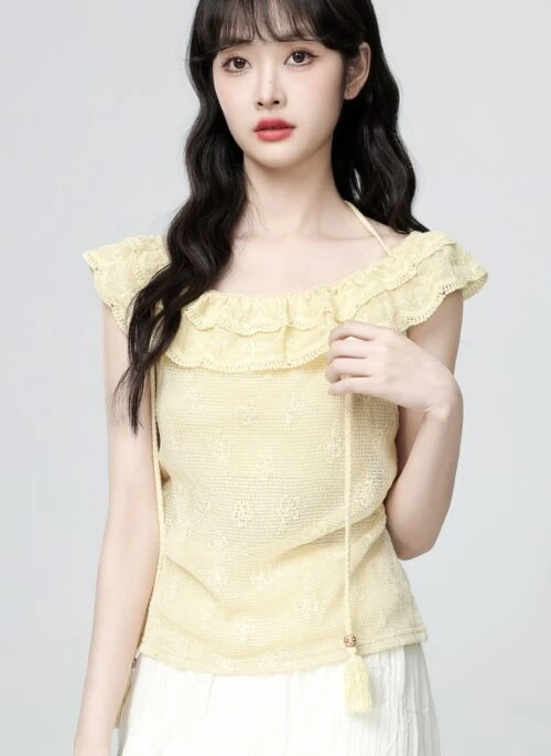 Ruffle Knit Halter Neck Sleeveless Crop Top
