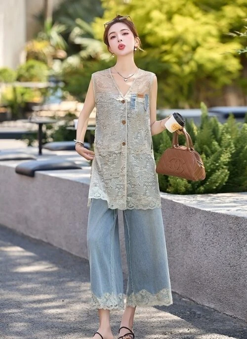 Sleeveless Lace Cardigan Denim Wide Leg Pants Set