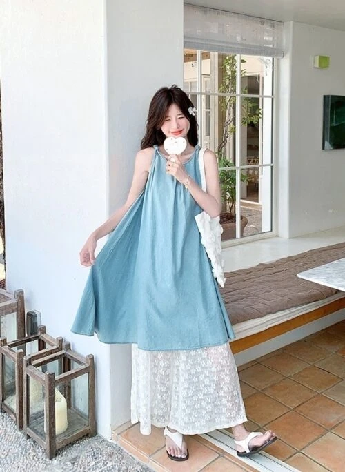 Soft Denim Lace Camisole And Wide Leg Pants Set