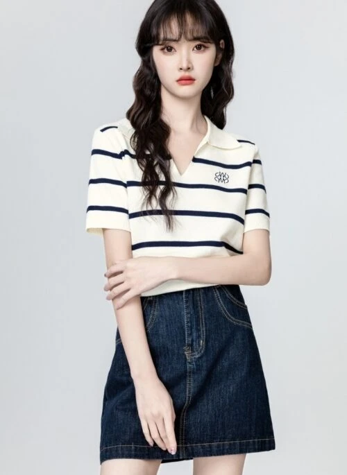 Striped Knit Polo Collar Short Sleeve Top