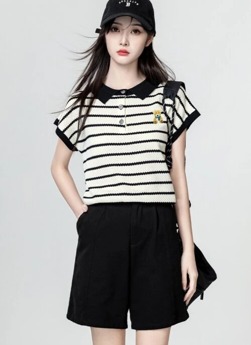 Striped Knit Polo Shirt With Bear Embroidery