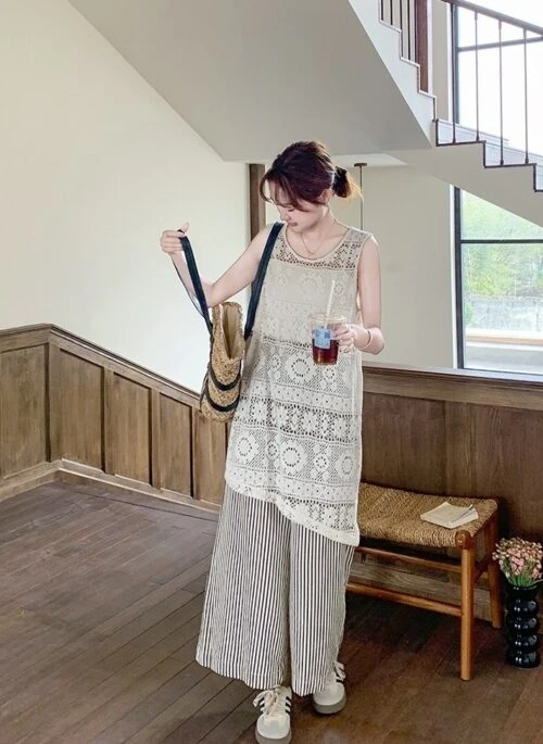 Striped Knit Tank And Wide Leg Pants Set