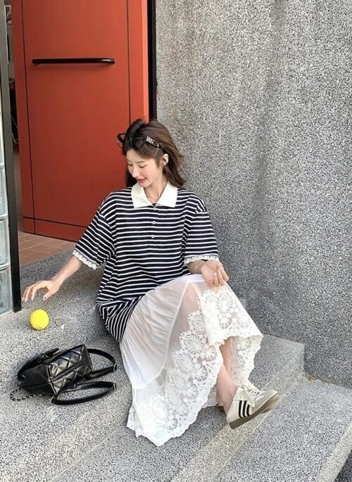Striped Lace Patchwork Casual College Style Dress