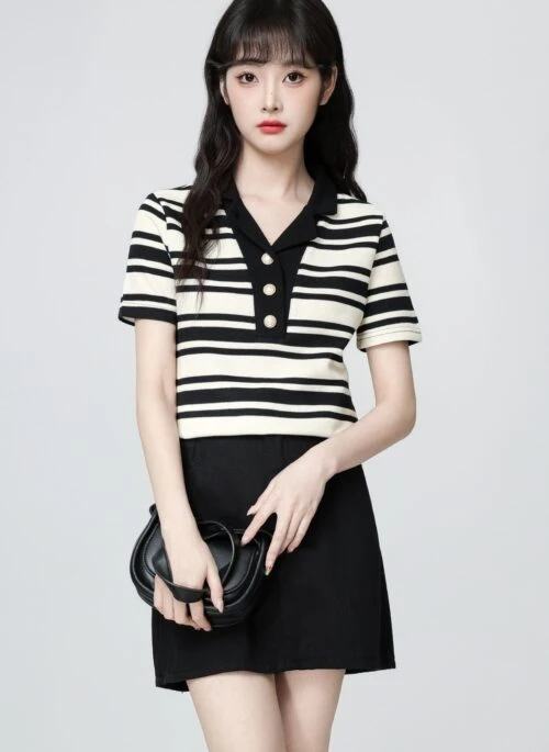 Striped Short Sleeve Polo Shirt Casual Summer Top