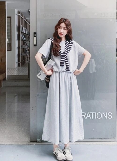 Striped Short Sleeve T Shirt And Skirt Set