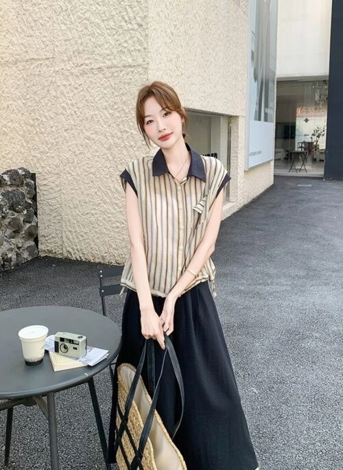 Striped Sleeveless Top And Wide Leg Pants Set