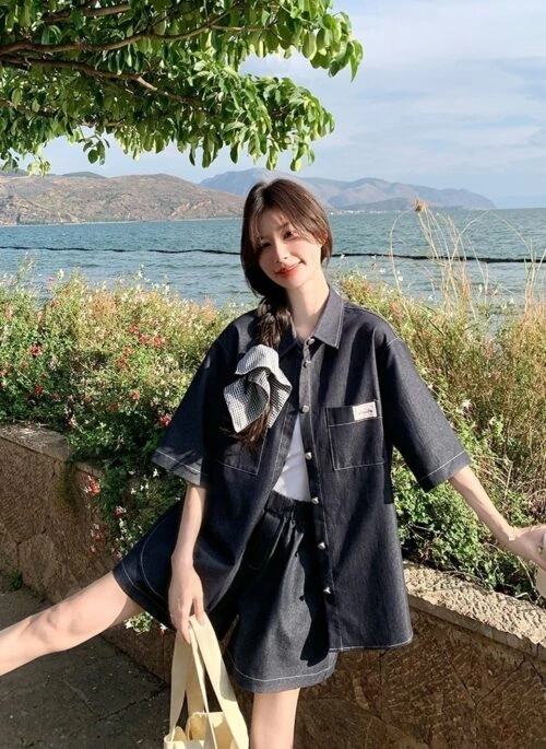 Stylish Denim Shirt And Shorts Set Summer Collection