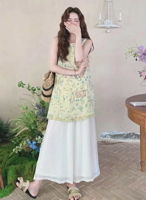 Summer Chic Tassel Print Top And Wide Leg Pants Set