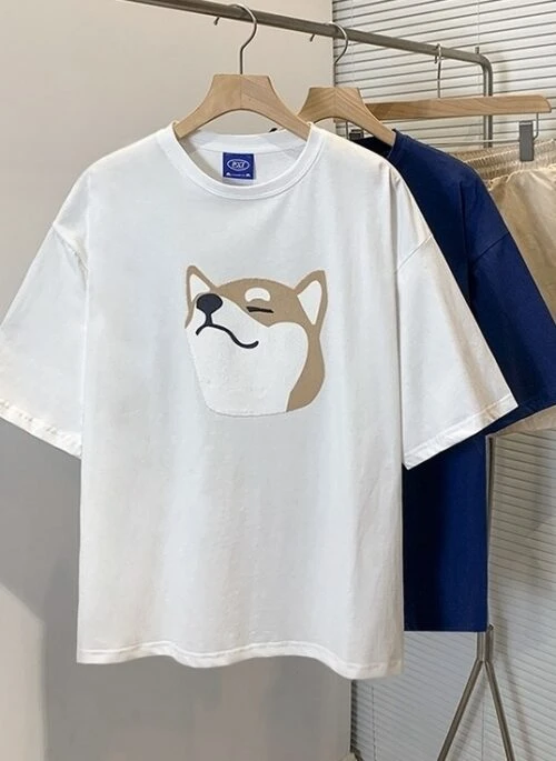 Summer Cotton Loose Fit Dog Print T-Shirt
