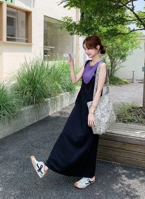 Summer Korean Style Colorblock Suspender Dress Set