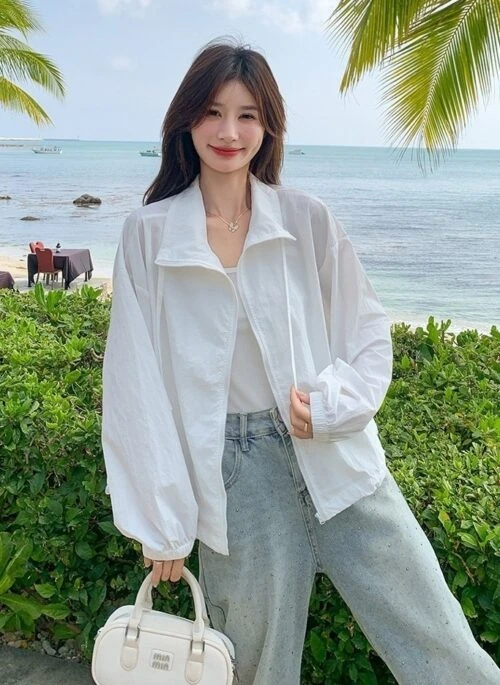 Summer Korean Style Lightweight Fashion White Stand Collar Jacket