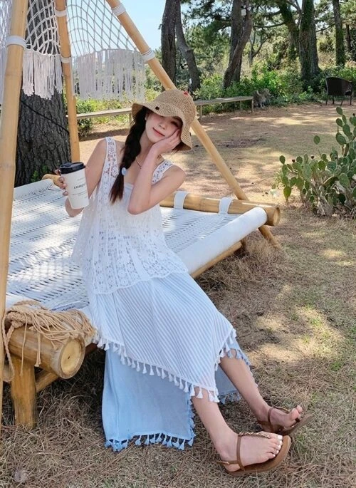 Summer Lace Tassel Beach Skirt Set