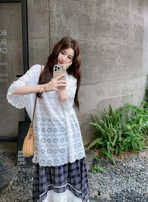 Summer Lace Top And Plaid Skirt Set