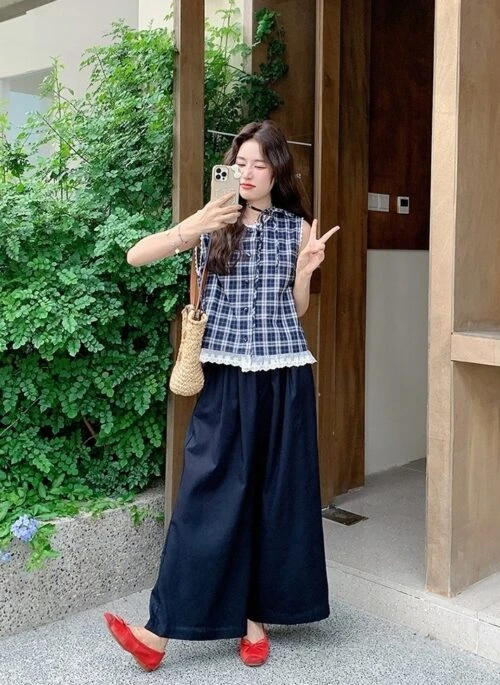 Summer Lace Trim Plaid Sleeveless Vest Wide Leg Pants Set
