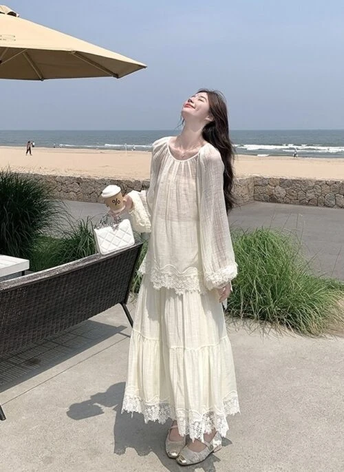 Summer Loose Fit Long Sleeve Shirt Skirt Set