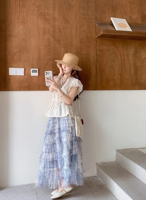 Summer Puff Sleeve Top And Tiered Skirt Set