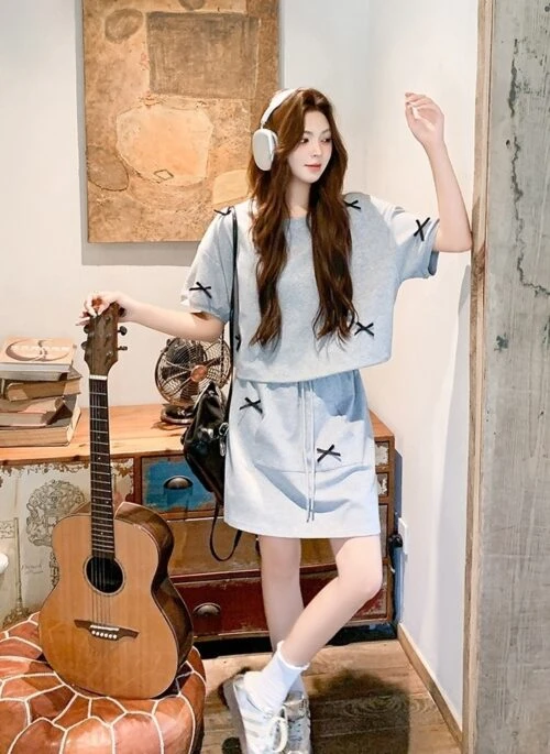 Sweet Bow Short Sleeve Top And Skirt Set