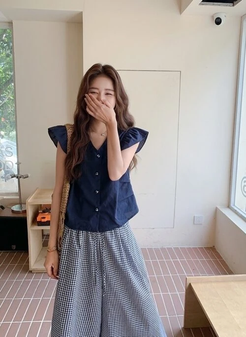 Sweet Lace Patchwork Plaid Wide Leg Pants Set