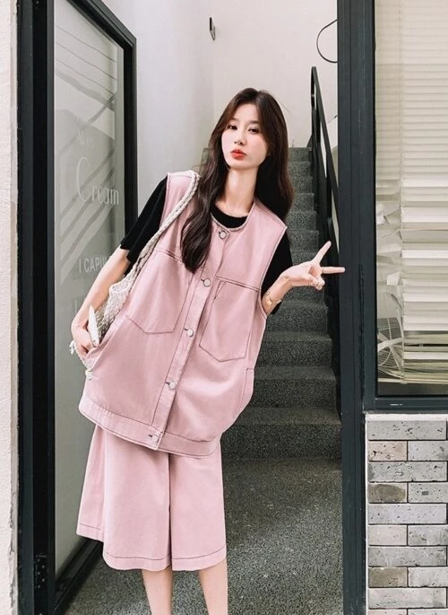 Sweet Pink Casual Utility Vest And Shorts Set
