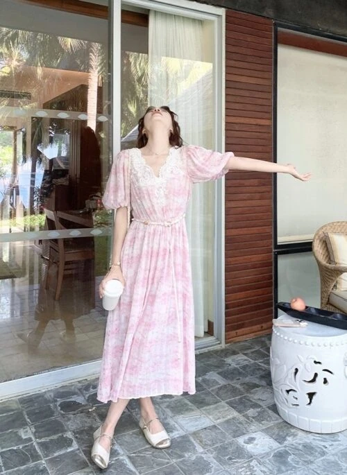 Sweet Pink Lace Patchwork Elegant Summer Dress