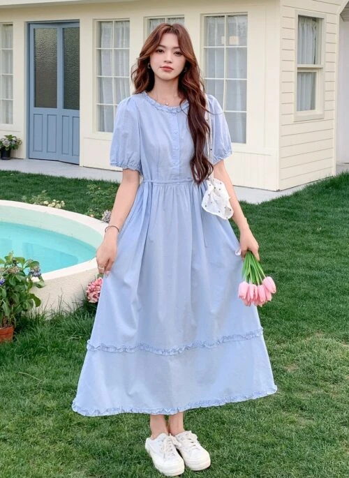 Sweet Ruffle Waist Slim Long Dress Summer Style