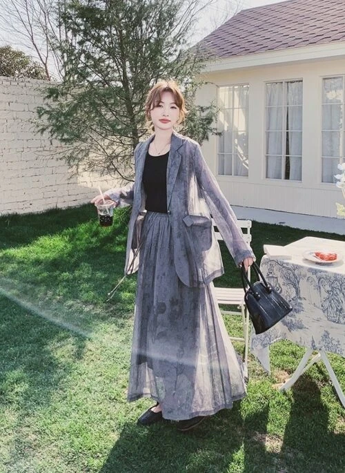Tie Dye Gray Blazer And Skirt Set