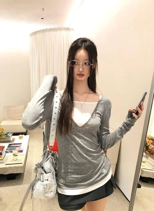 Trendy Slim Fit Layered Design Long Sleeve Top