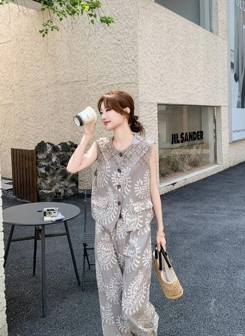 Unique Patchwork Vest Wide Leg Pants Set