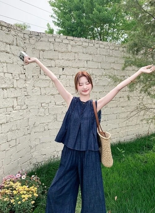 Vintage Backless Denim Vest And Wide Leg Pants Set