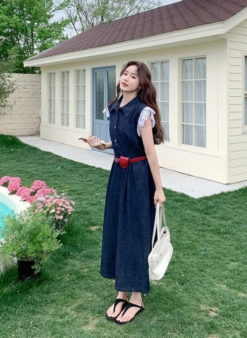 Vintage Blue Denim Collared Waist Slimming Dress