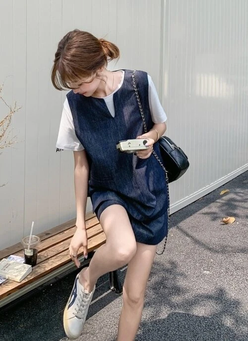 Vintage Blue Denim Vest T Shirt Shorts Set