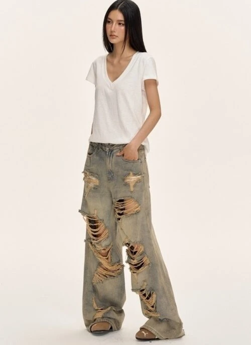 Vintage Blue Shredded Wide-Leg Jeans | Dino – Seventeen