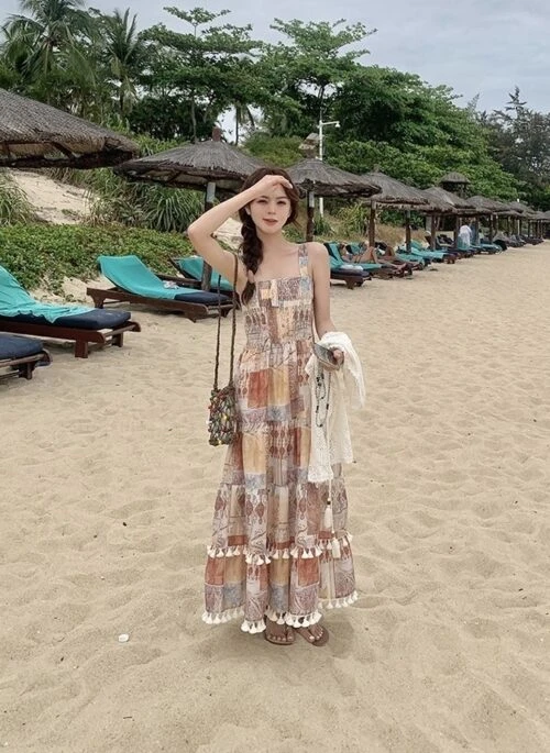 Vintage Boho Print Cardigan And Camisole Dress Set
