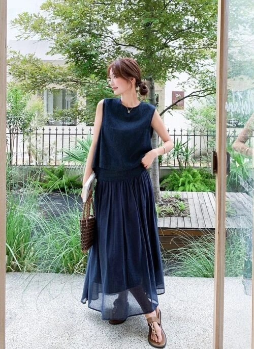 Vintage Chic Denim Vest And Pleated Skirt Set