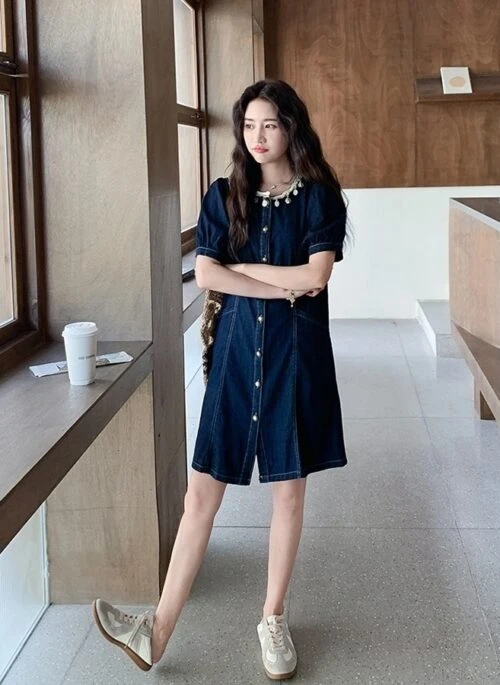 Vintage Dark Blue Denim Shirt Dress Summer Style