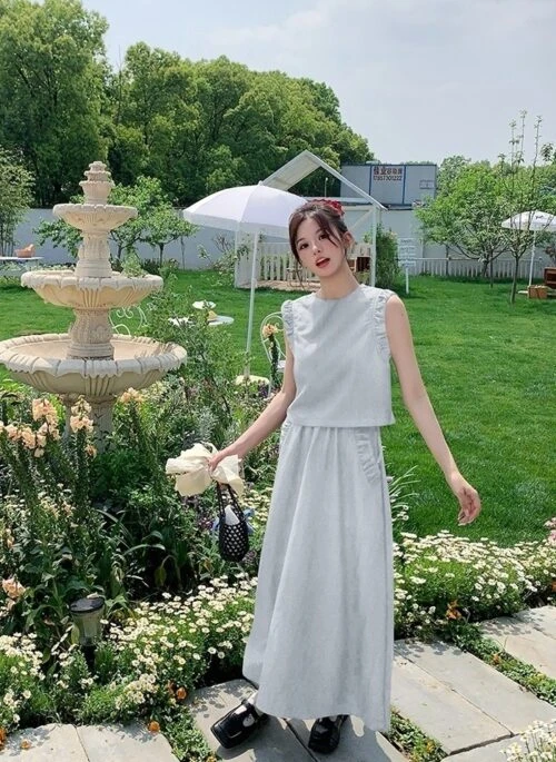 Vintage Denim Drawstring Vest And Skirt Set