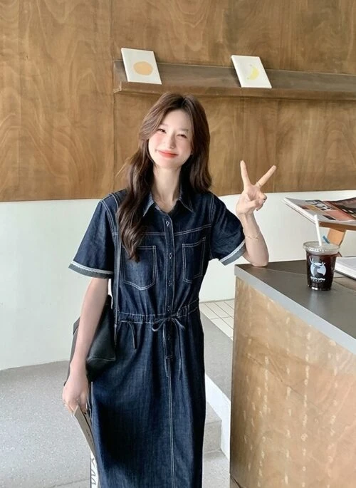 Vintage Denim Drawstring Waist Maxi Dress