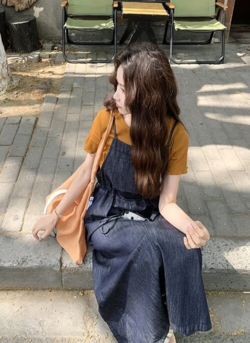 Vintage Denim Dress And Orange T Shirt Set
