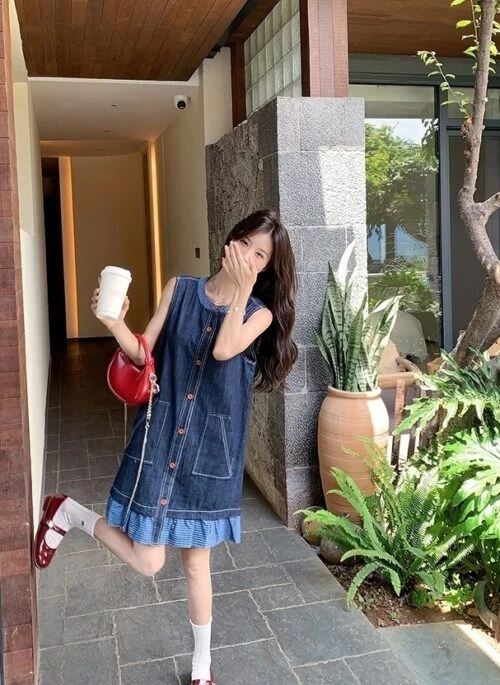 Vintage Denim Lace Trim Sleeveless Dress