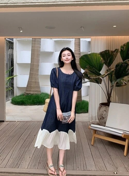 Vintage Denim Patchwork Maxi Dress Summer Fashion