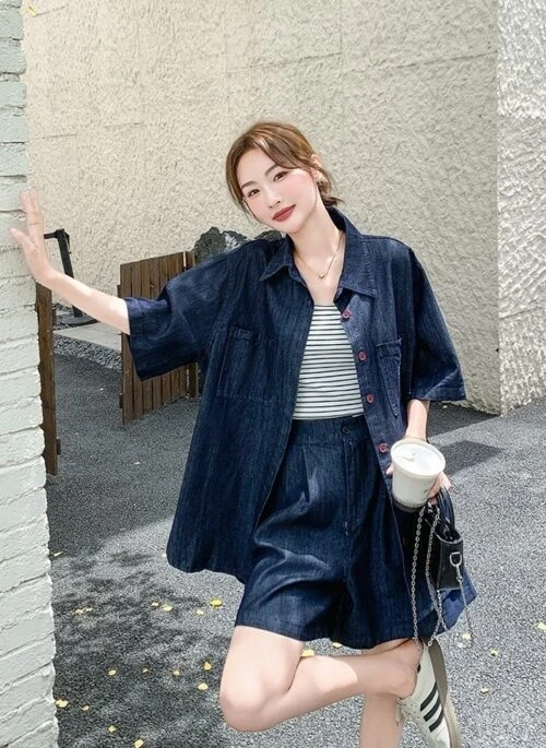 Vintage Denim Shirt And Shorts Casual Set