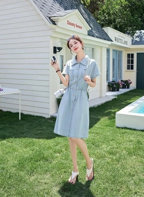 Vintage Denim Shirt Dress Casual Slim Fit Summer