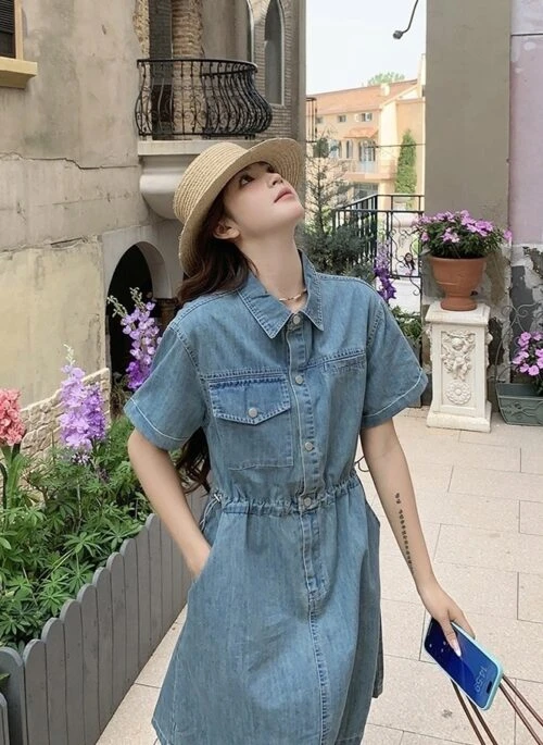 Vintage Denim Shirt Dress Casual Summer Style