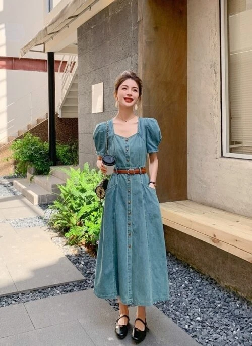 Vintage Denim Square Neck Casual Maxi Dress